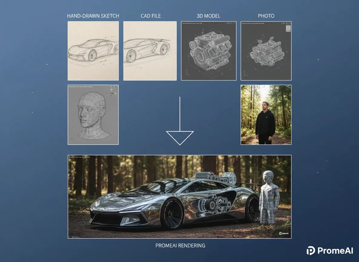 Ein Raster, das vier verschiedene Eingabetypen zeigt: eine handgezeichnete Skizze, eine CAD-Datei, ein 3D-Modell und ein Foto – alle zeigen auf ein einziges, hochwertiges PromeAI-Rendering.