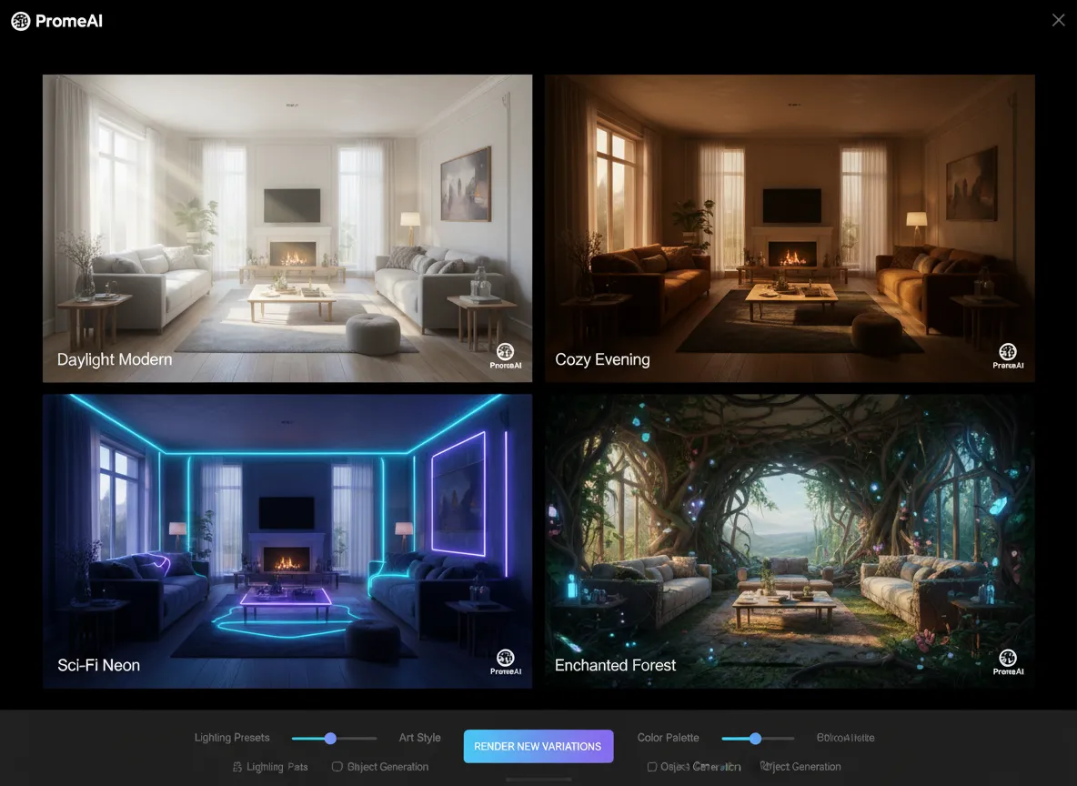 Eine Benutzeroberflächenansicht von PromeAI, die einen einzelnen Raum in vier leicht unterschiedlichen Beleuchtungs- und Stilvarianten zeigt und die kreative Kontrolle demonstriert.