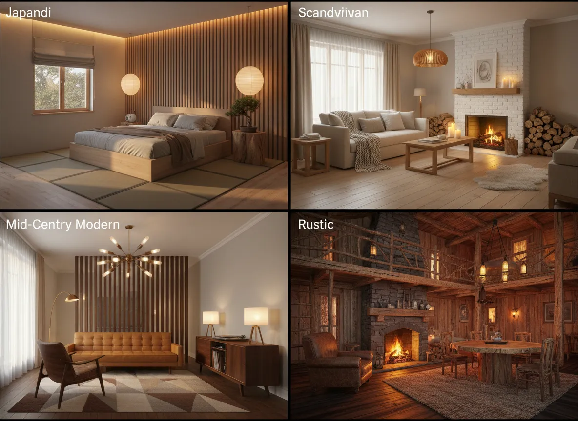 Eine Collage aus vier verschiedenen Einrichtungsstilen – Japandi, Skandinavisch, Mid-Century Modern und Rustikal – die alle markante Holzelemente und einen warmen Holzglanz aufweisen.