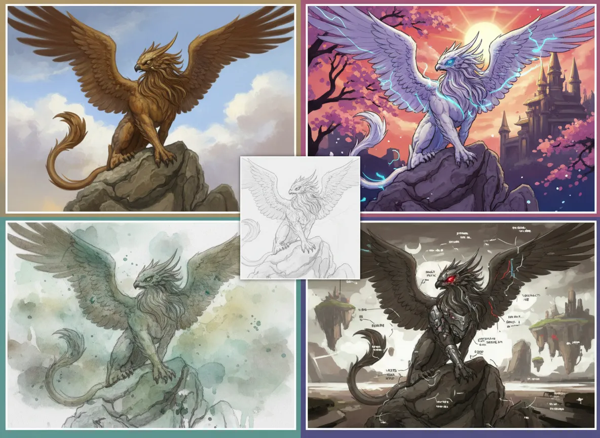 Eine lebendige Collage verschiedener Rendering-Stile derselben Skizze, die realistische, Anime-, Aquarell- und Konzeptkunst-Variationen zeigt.