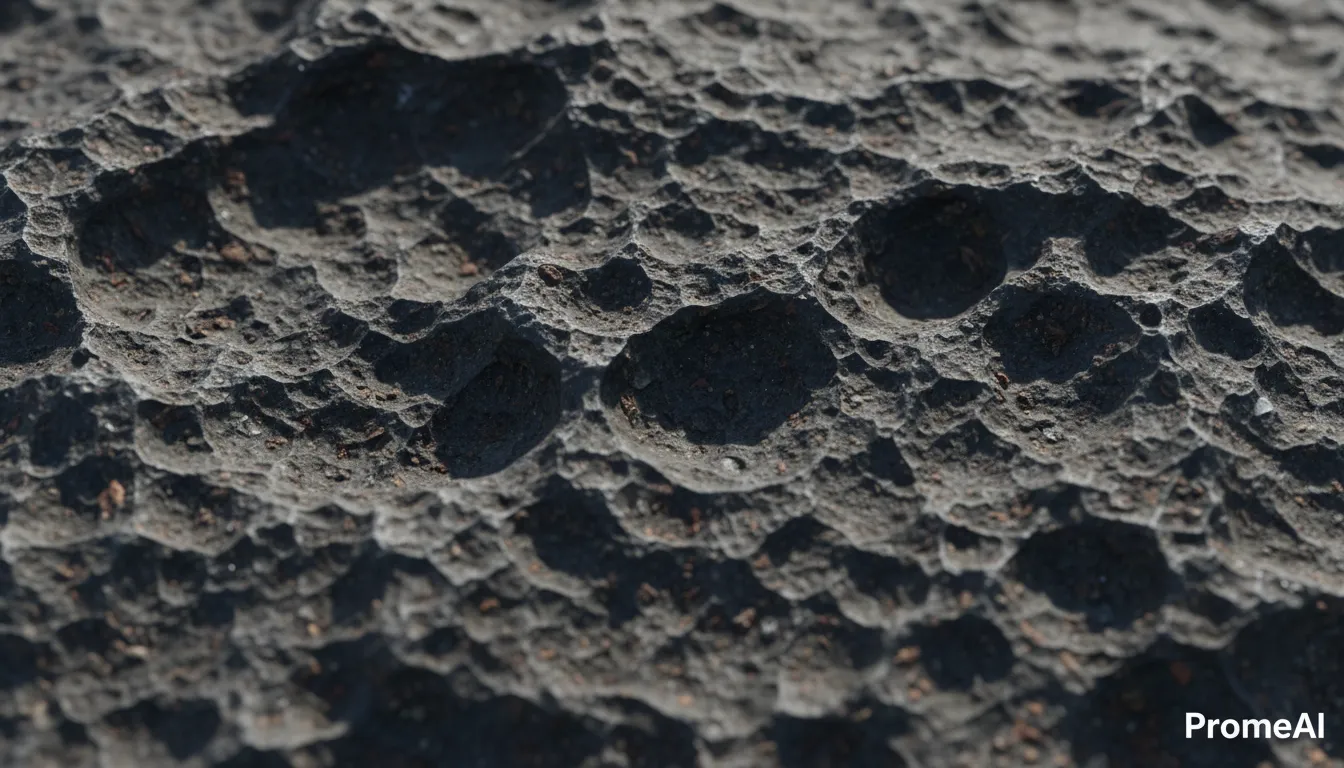 PromeAI द्वारा जेनरेट की गई एक गहरे, टेक्सचर वाले बेसाल्ट पत्थर की सतह का एक फ़ोटोरियलिस्टिक क्लोज़-अप, जिसमें जटिल विवरण और प्राकृतिक छाया दिखाई दे रही है।