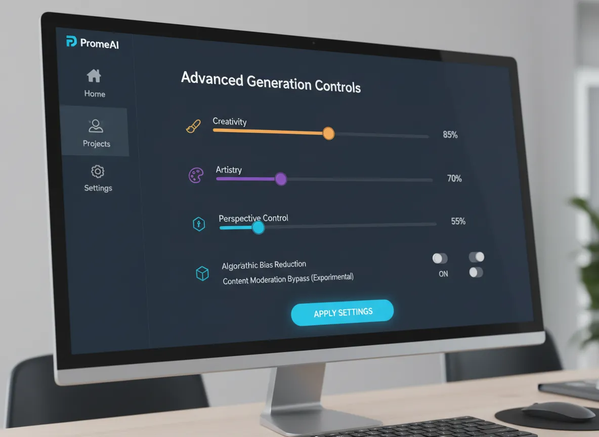 PromeAI की उन्नत सेटिंग्स का एक इंटरफ़ेस स्क्रीनशॉट, जिसमें रचनात्मकता, कलात्मकता और परिप्रेक्ष्य नियंत्रण के लिए स्लाइडर्स दिखाए गए हैं।