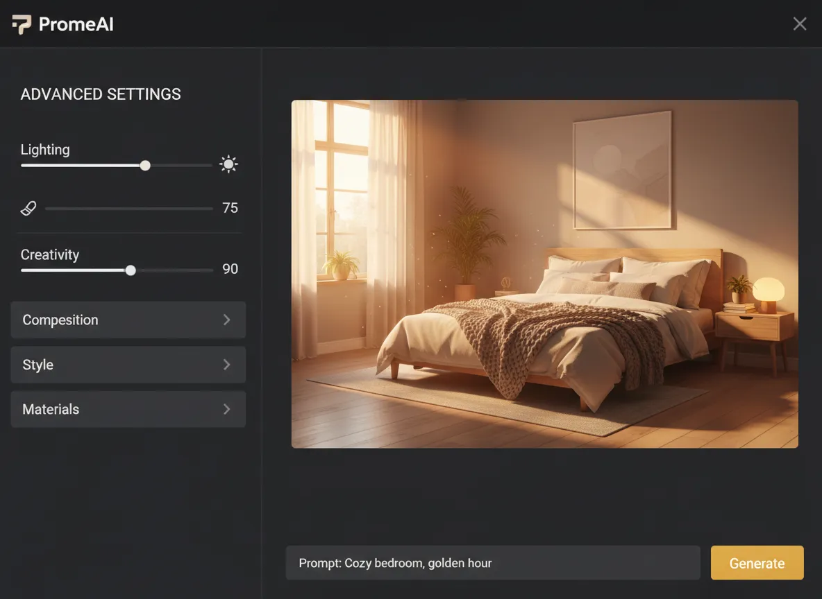 Eine Ansicht der Benutzeroberfläche von PromeAI mit erweiterten Einstellungen, die Schieberegler für Beleuchtung und Kreativität neben einem Rendering eines Schlafzimmers mit einem warmen Lichteffekt der Goldenen Stunde zeigt.