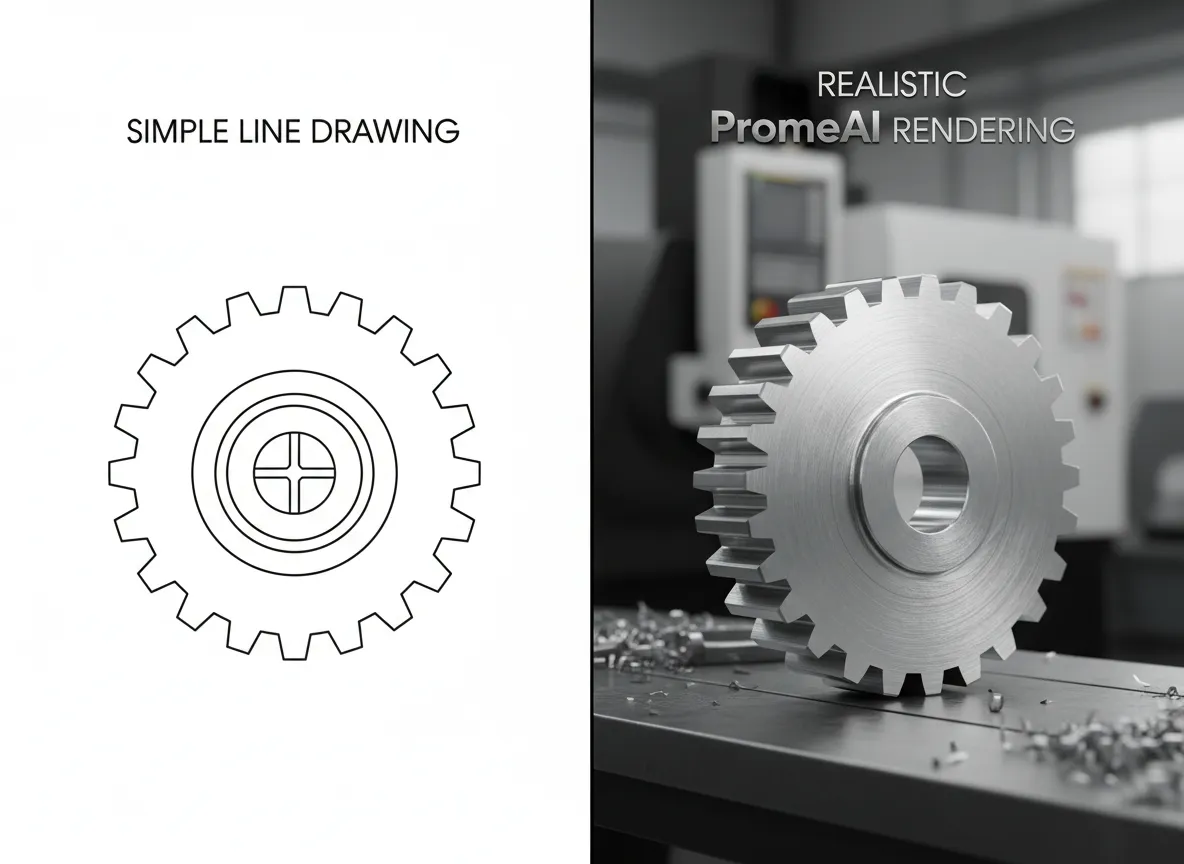 एक गियर के सरल रेखा चित्र और एक धातु सीएनसी-कट गियर के यथार्थवादी PromeAI रेंडरिंग को दर्शाने वाली साथ-साथ तुलना।