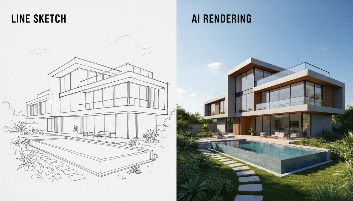 एक साथ-साथ तुलना जिसमें बाईं ओर एक आधुनिक आवासीय भवन का एक सरल रेखा स्केच और दाईं ओर उसी भवन का एक अति-यथार्थवादी AI-जनित रेंडरिंग दिखाया गया है।
