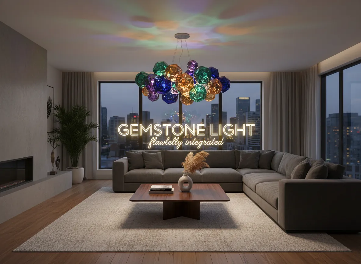 Das Wohnzimmerfoto eines Kunden mit einer KI-generierten Statement-Edelsteinleuchte, die makellos über dem Couchtisch integriert ist.