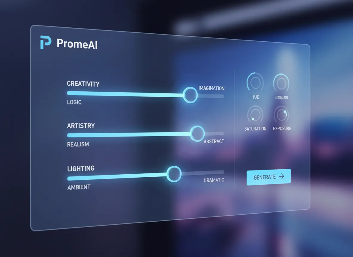 PromeAI यूज़र इंटरफ़ेस का एक क्लोज़-अप जो रचनात्मकता, कलात्मकता और प्रकाश समायोजन के लिए उन्नत स्लाइडर्स दिखा रहा है।