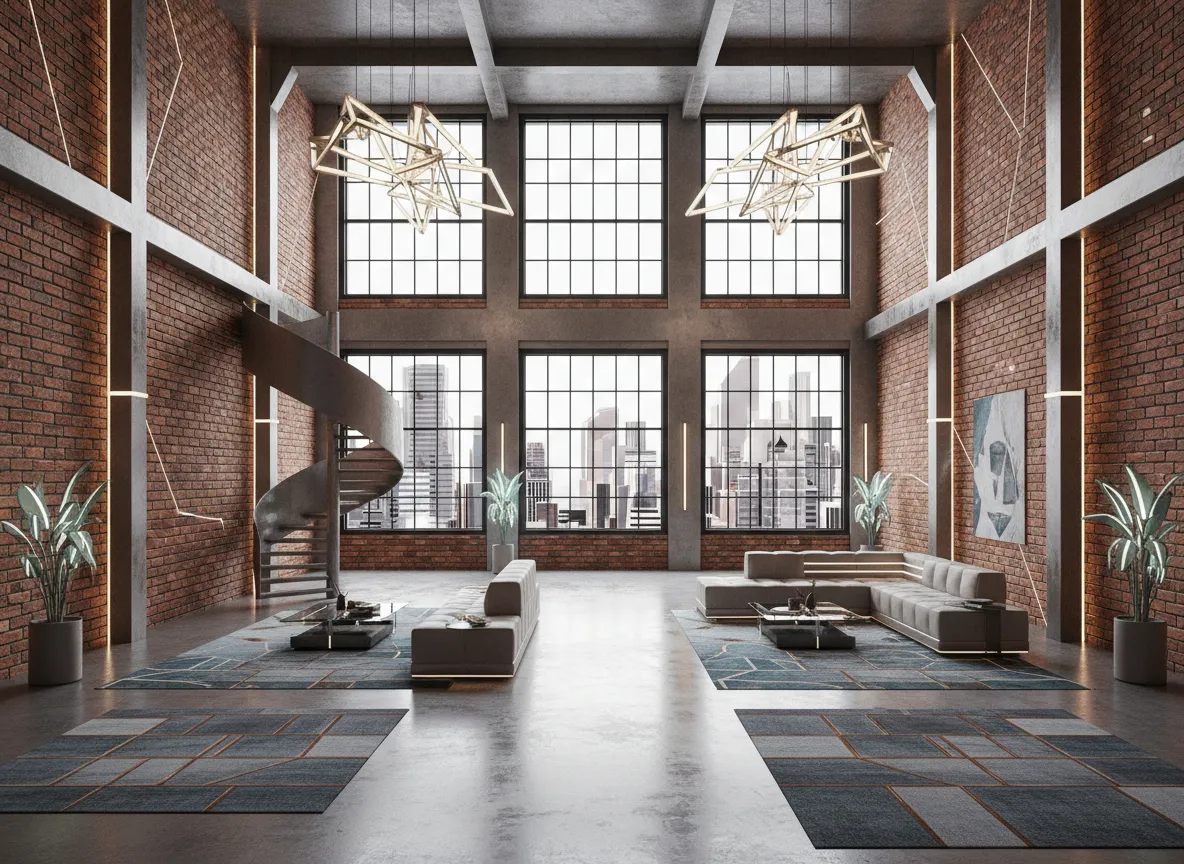 Un ampio spazio loft renderizzato in PromeAI, con soffitti alti, grandi finestre e motivi architettonici in mattoni coerenti su più pareti.