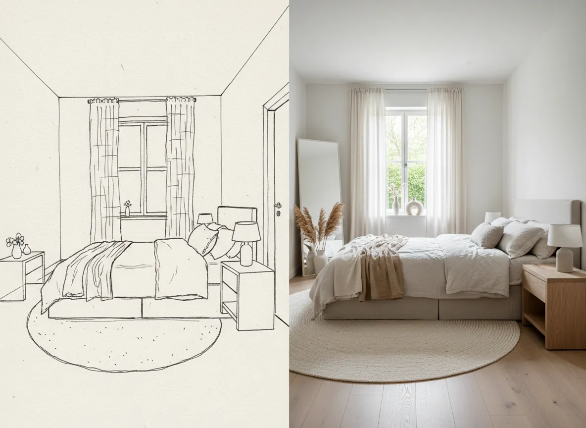 Direkter Vergleich, der eine einfache Strichzeichnung eines Schlafzimmers zeigt, die sich in ein vollständig gerendertes Interieur im Soft-Minimalism-Stil verwandelt.