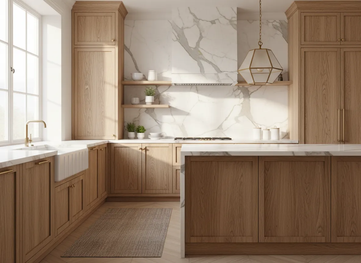 एक शानदार रसोई के इंटीरियर का फ़ोटो-यथार्थवादी रेंडर, जिसमें सुबह की गर्म रोशनी है, जो संगमरमर के काउंटरटॉप और लकड़ी की अलमारियों पर विस्तृत बनावट दिखा रहा है, जिसे एक साधारण लाइन ड्राइंग से बनाया गया है।