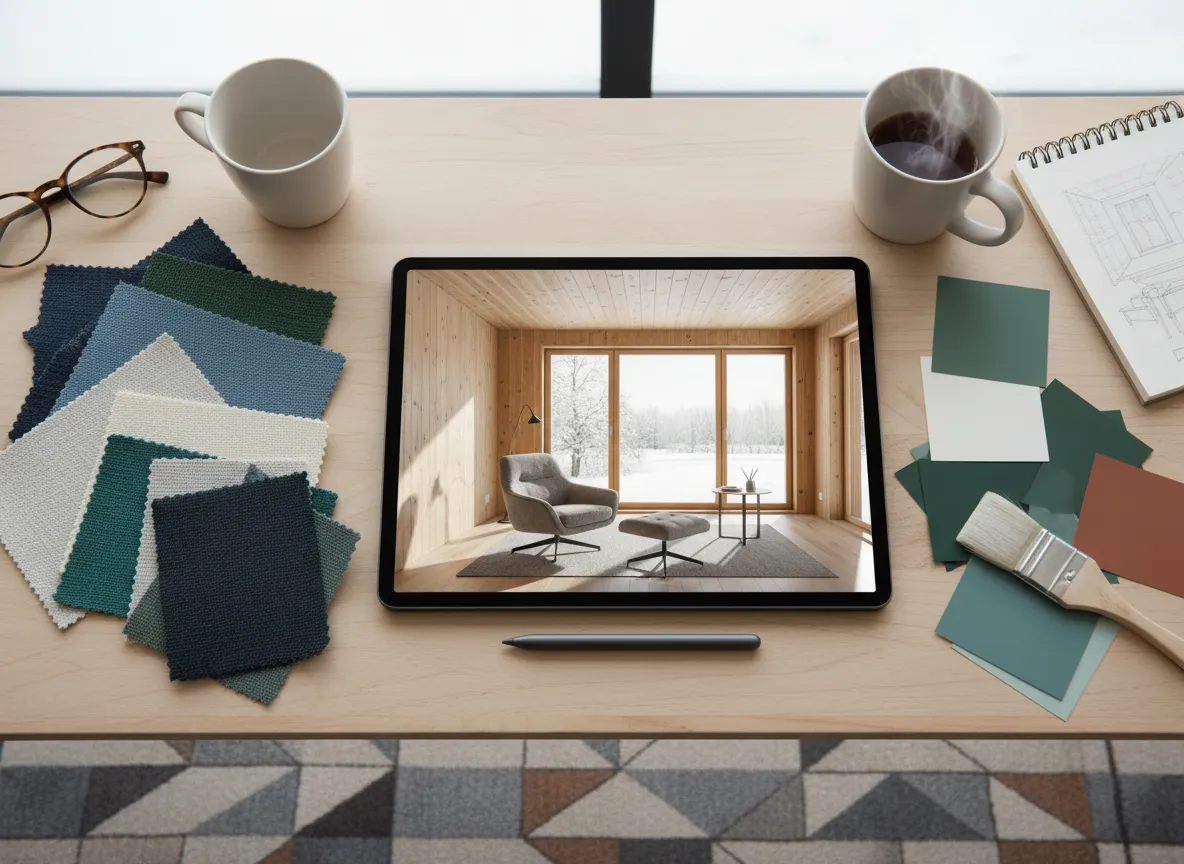Ein KI-generiertes Bild, das wie der Schreibtisch eines Designers aussieht, mit einem Tablet, das ein Interieur aus finnischem Kiefernholz neben physischen Stoff- und Farbmustern zeigt.