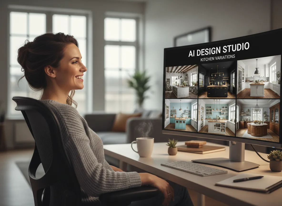 एक डिज़ाइनर अपनी कंप्यूटर स्क्रीन पर मुस्कुरा रहा है, जिस पर एक रसोई के कई AI-जनित इंटीरियर डिज़ाइन वेरिएशन प्रदर्शित हो रहे हैं।