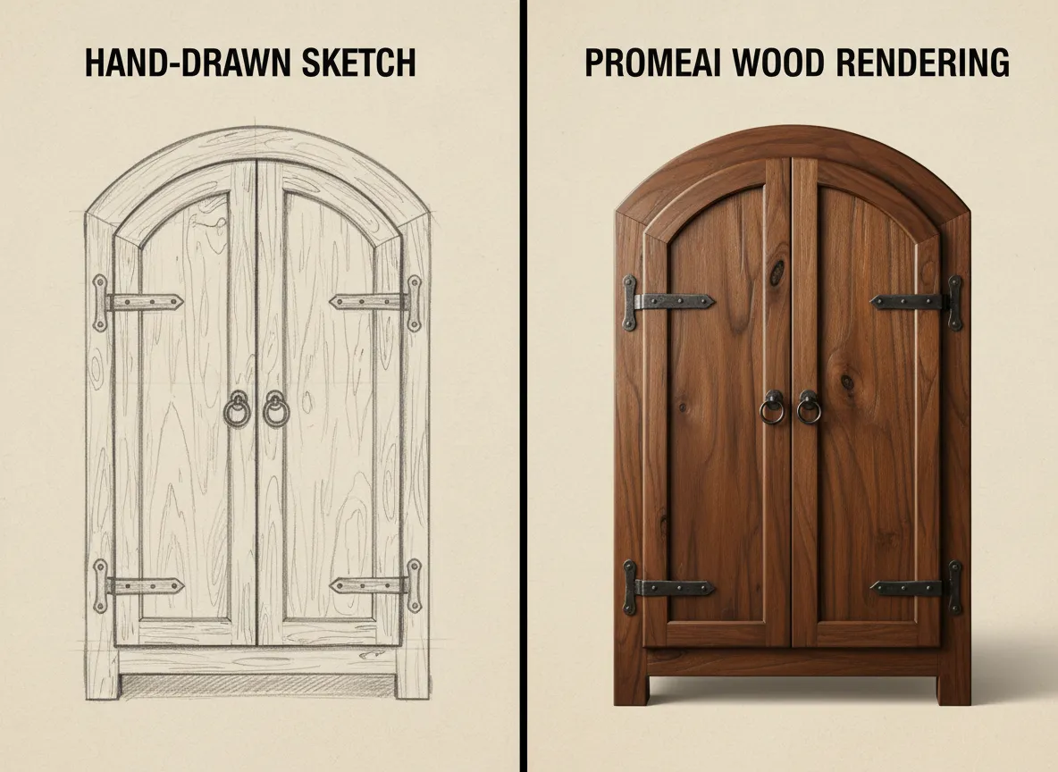 Eine Nahaufnahme im geteilten Bildschirm, die auf der einen Seite die handgezeichnete Skizze eines Holzschranks und auf der anderen Seite das fotorealistische Holztextur-Rendering von PromeAI zeigt.