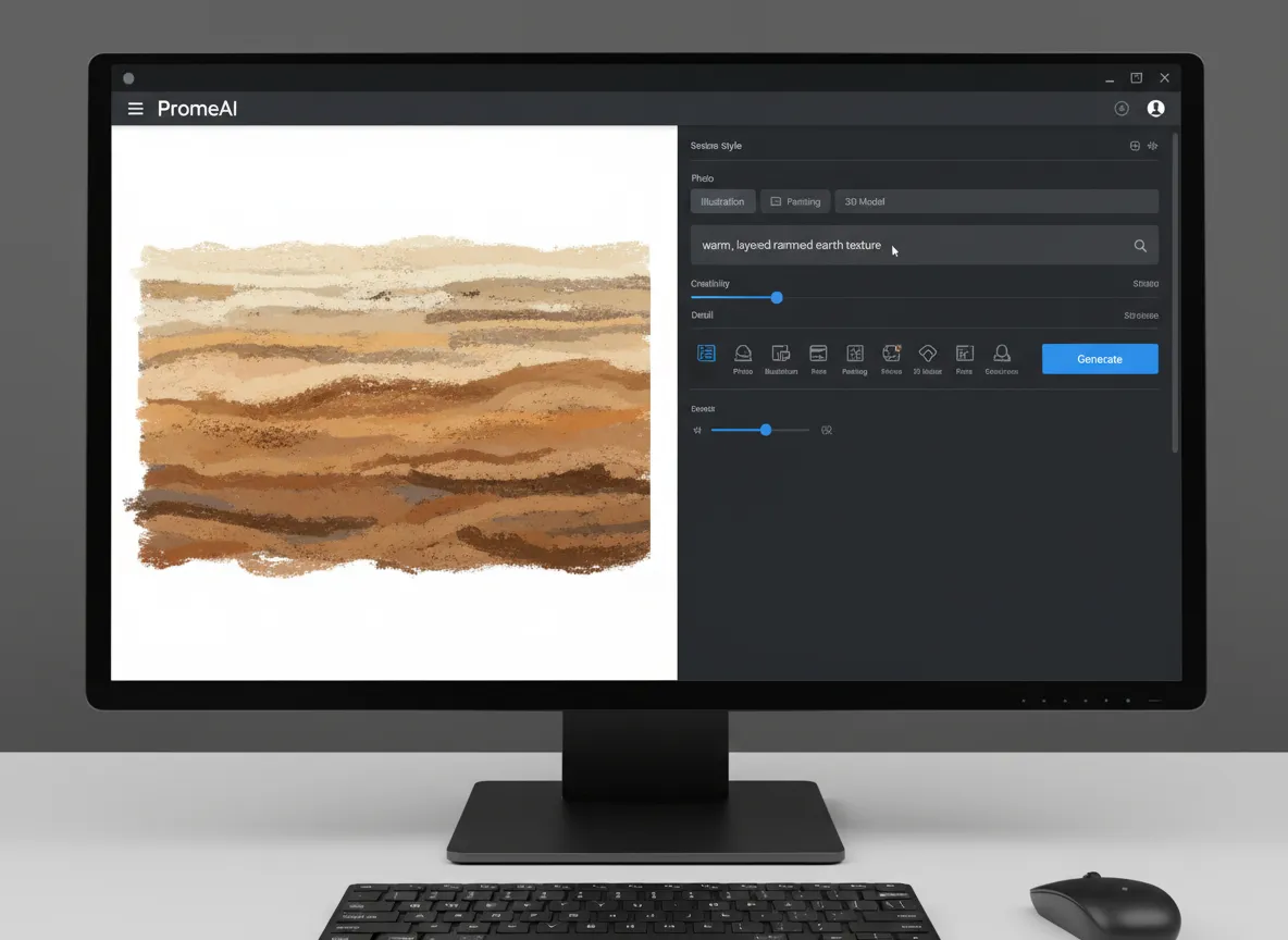 Screenshot der PromeAI-Benutzeroberfläche, der einen Benutzer zeigt, der neben seiner Skizze einen Befehl wie 'warme, geschichtete Stampflehmtextur' eingibt.