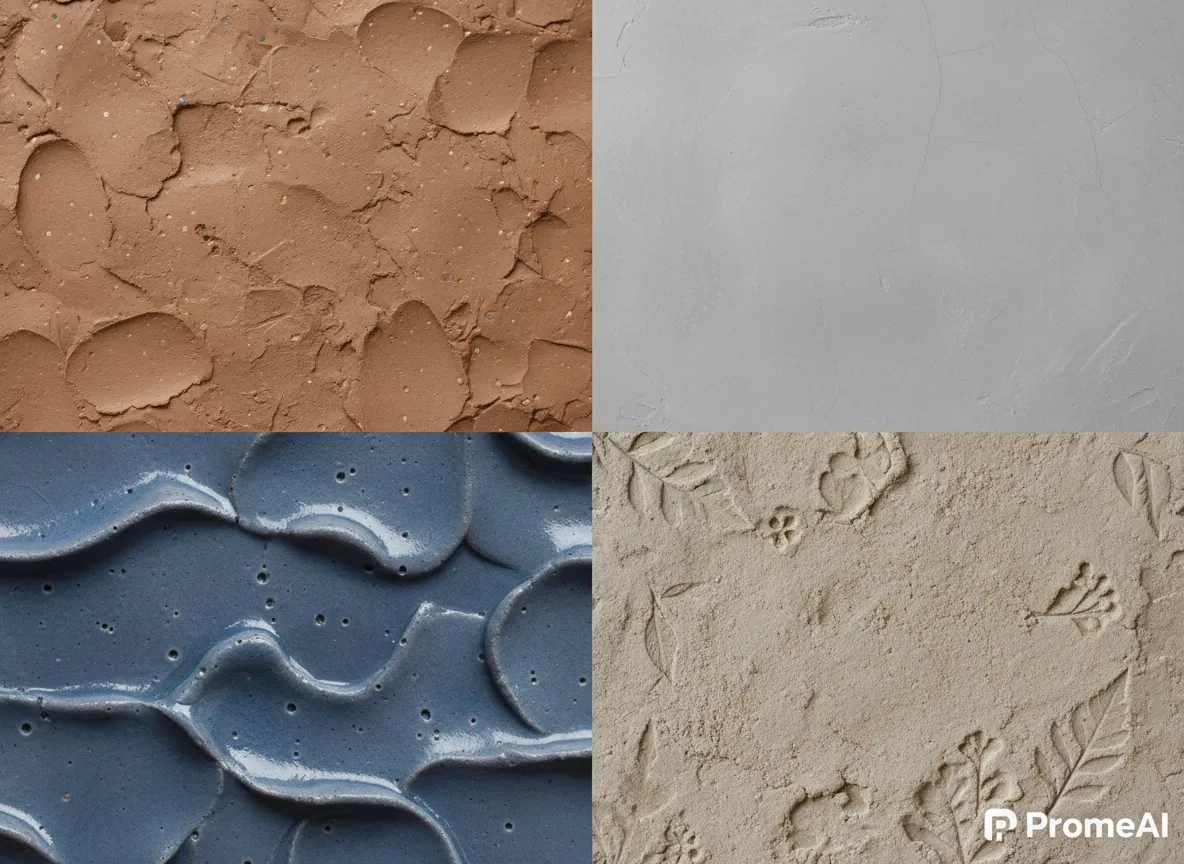 PromeAI में बनाई गई चार अलग-अलग मिट्टी की बनावट का एक ग्रिड, जो टेराकोटा से लेकर ग्रे प्लास्टर तक रंग, चिकनाई और शैली में भिन्नता दिखाता है।