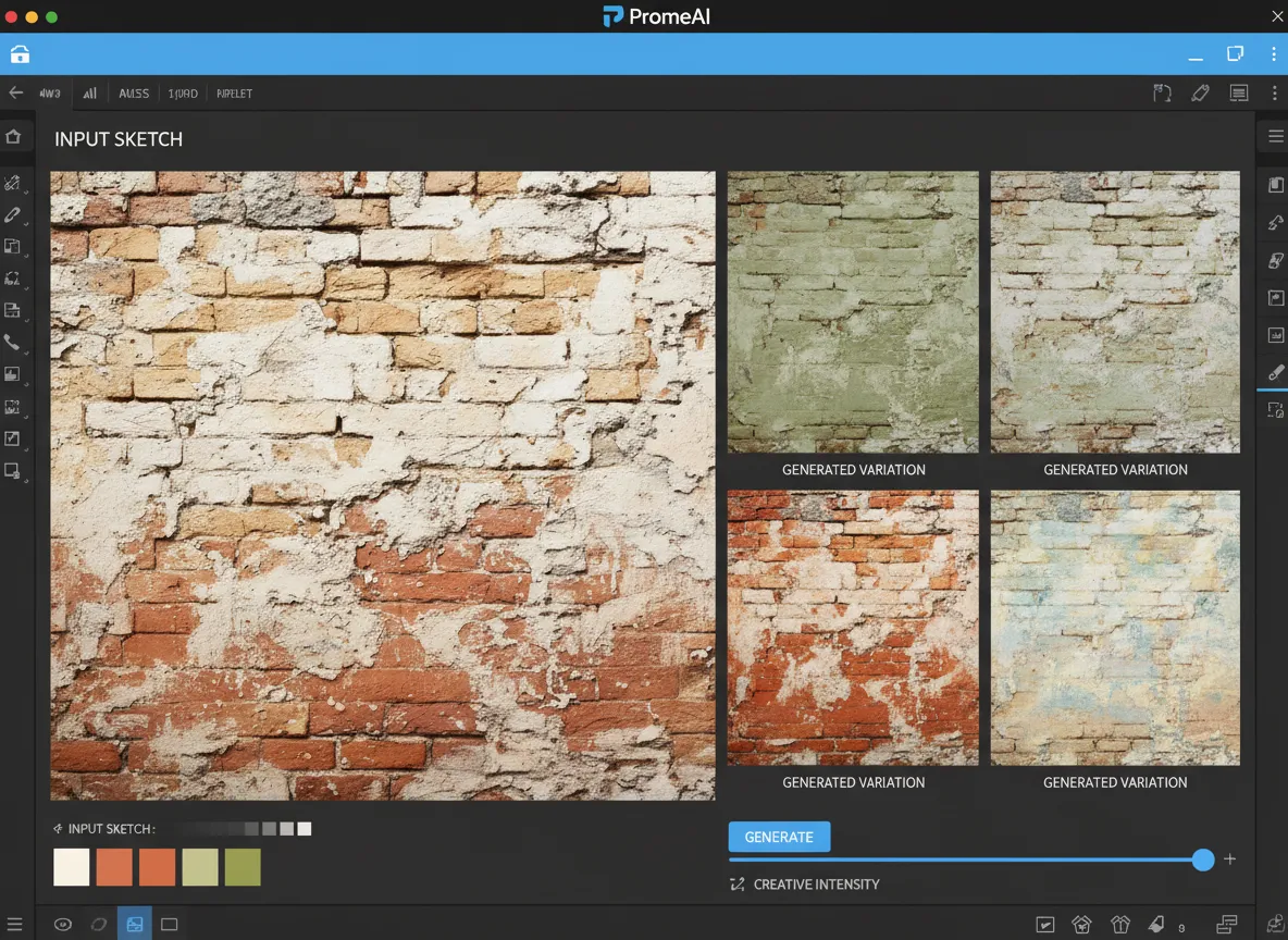 Eine Benutzeroberflächenansicht des PromeAI-Tools, die links eine Skizze und rechts mehrere generierte Varianten einer Wand aus italienischem Kalkziegel zeigt.