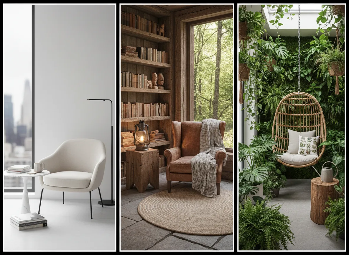 एक गैलरी ग्रिड जो एक ही रीडिंग नुक को कई शैलियों में रेंडर करते हुए दिखाती है: एक आधुनिक और मिनिमलिस्ट है, एक लकड़ी के साथ देहाती है, और एक में कई पौधों के साथ बायोफिलिक डिजाइन शामिल है।