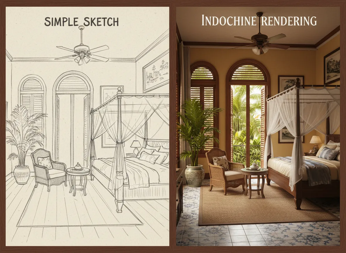 Confronto fianco a fianco che mostra un semplice schizzo a mano di una stanza e un rendering dettagliato di PromeAI della stessa stanza in stile indocinese.
