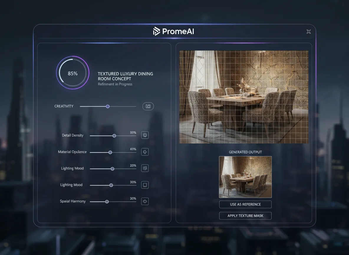 Die Benutzeroberfläche von PromeAI zeigt erweiterte Einstellungen wie 'Kreativität' und ein Referenzbild, das zur Verfeinerung eines Esszimmerkonzepts mit luxuriösen Texturen verwendet wird.