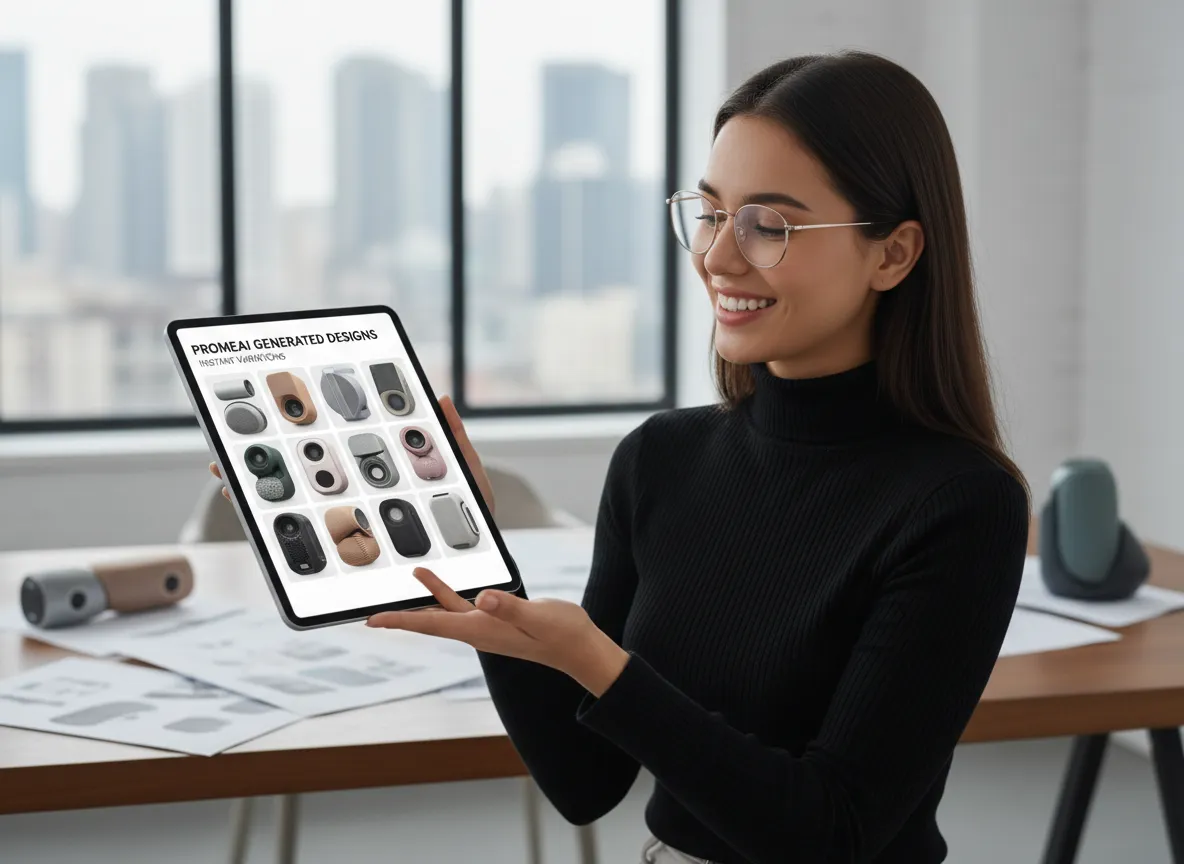 एक डिज़ाइनर टैबलेट को देखकर मुस्कुरा रहा है, जिसमें PromeAI द्वारा तेज़ी से बनाए गए उत्पाद के कई डिज़ाइन वेरिएशन दिख रहे हैं।
