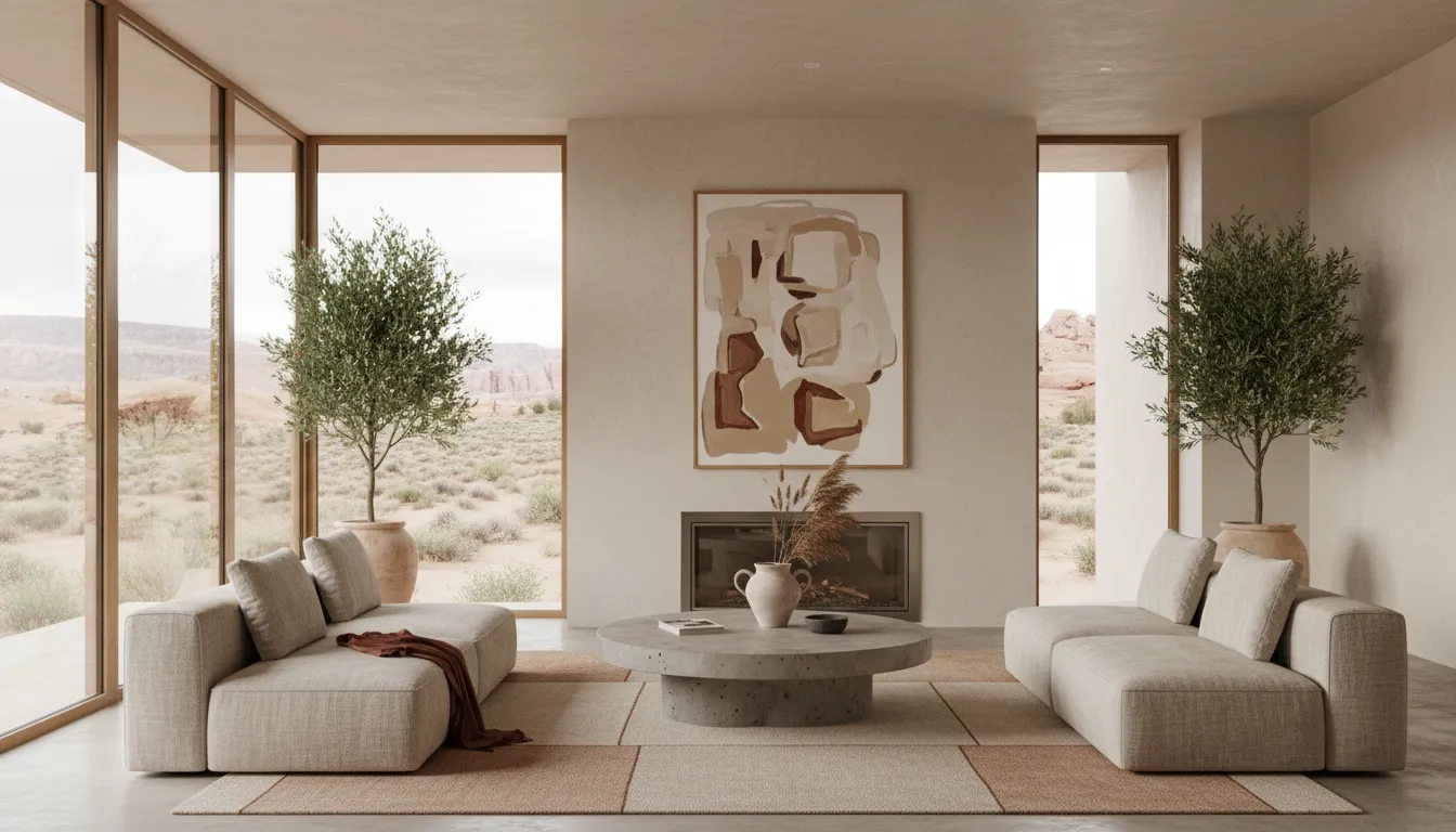 Fotorealistisches KI-Rendering eines minimalistischen Wohnzimmers im Plateau-Serenity-Stil, mit einer neutralen Erdton-Farbpalette und natürlichem Licht durch große Fenster.