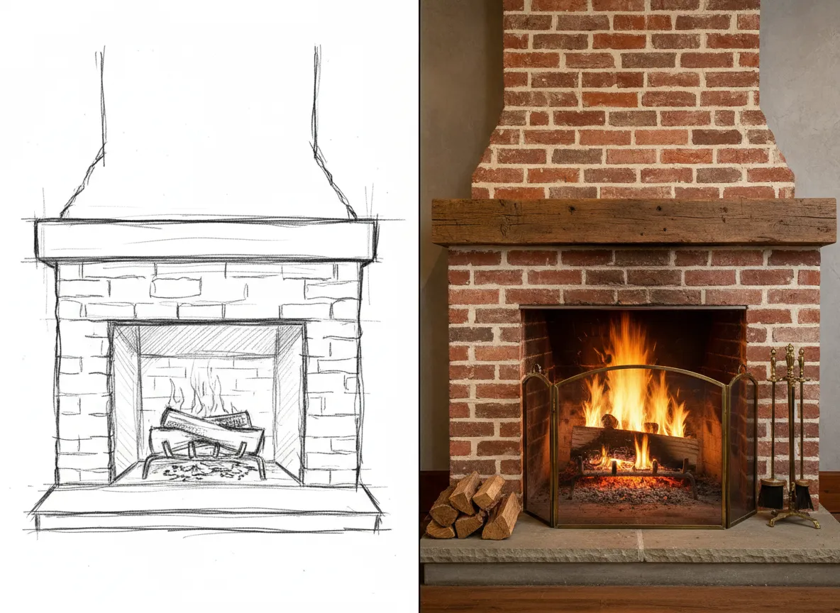Ein direkter Vergleich, der eine einfache Schwarz-Weiß-Skizze eines Kamins neben einem vollfarbigen, fotorealistischen Rendering eines rustikalen Ziegelkamins zeigt.