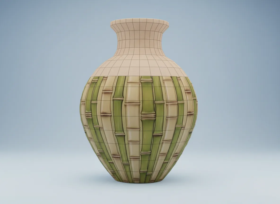 एक एनीमेशन जो एक फूलदान के 3D मॉडल पर एक निर्बाध बांस की बनावट को लागू करते हुए दिखाता है, जो बिना किसी दृश्यमान जोड़ के इसकी टाइल करने योग्य प्रकृति को प्रदर्शित करता है।