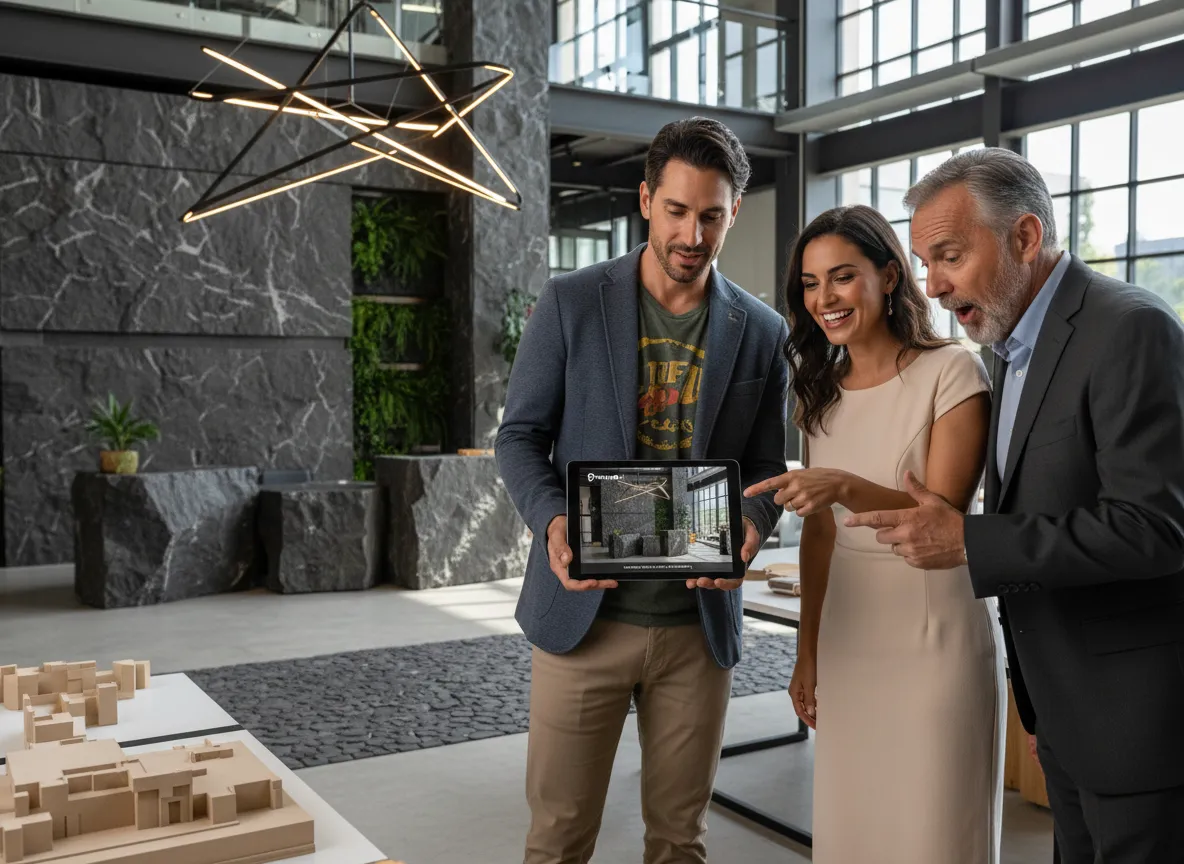 Ein Designer präsentiert einem beeindruckten Kunden ein Tablet mit einem PromeAI-Rendering einer gewerblichen Lobby mit Elementen aus mexikanischem Basalt.
