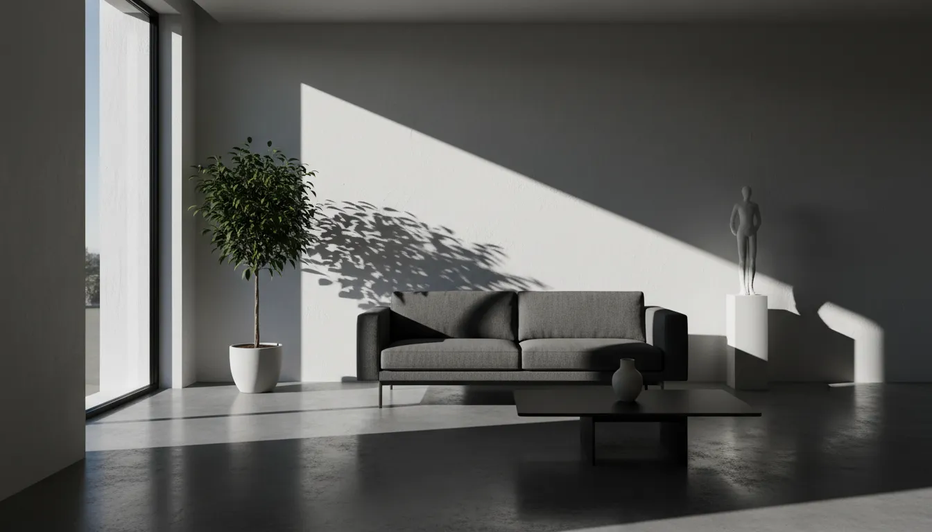 KI-generiertes Bild, das einen dramatischen Kontrast von Licht und Schatten in einem minimalistischen Wohnzimmer zeigt.