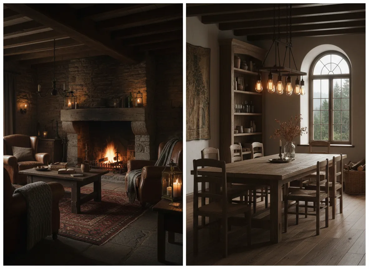 Eine Gegenüberstellung, die ein Referenzfoto eines stimmungsvollen, rustikalen Interieurs und ein KI-Rendering eines anderen Raumes zeigt, das dieselbe Ästhetik perfekt eingefangen hat.