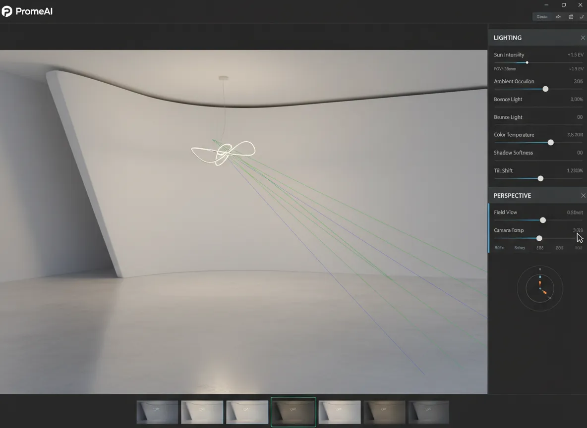 Eine Benutzeroberflächenansicht von PromeAI, die zeigt, wie erweiterte Beleuchtungs- und Perspektivsteuerungen bei einem Rendering eines minimalistischen Raumes mit einer einzelnen, elegant geschwungenen Wand angepasst werden.
