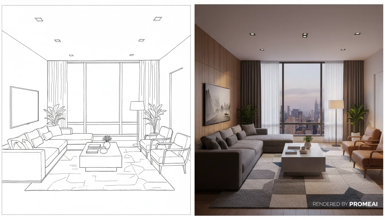 एक आधुनिक लिविंग रूम के सरल लाइन स्केच और PromeAI द्वारा बनाए गए उसी कमरे के एक फ़ोटोयथार्थवादी, पूरी तरह से सुसज्जित रेंडर की अगल-बगल तुलना।