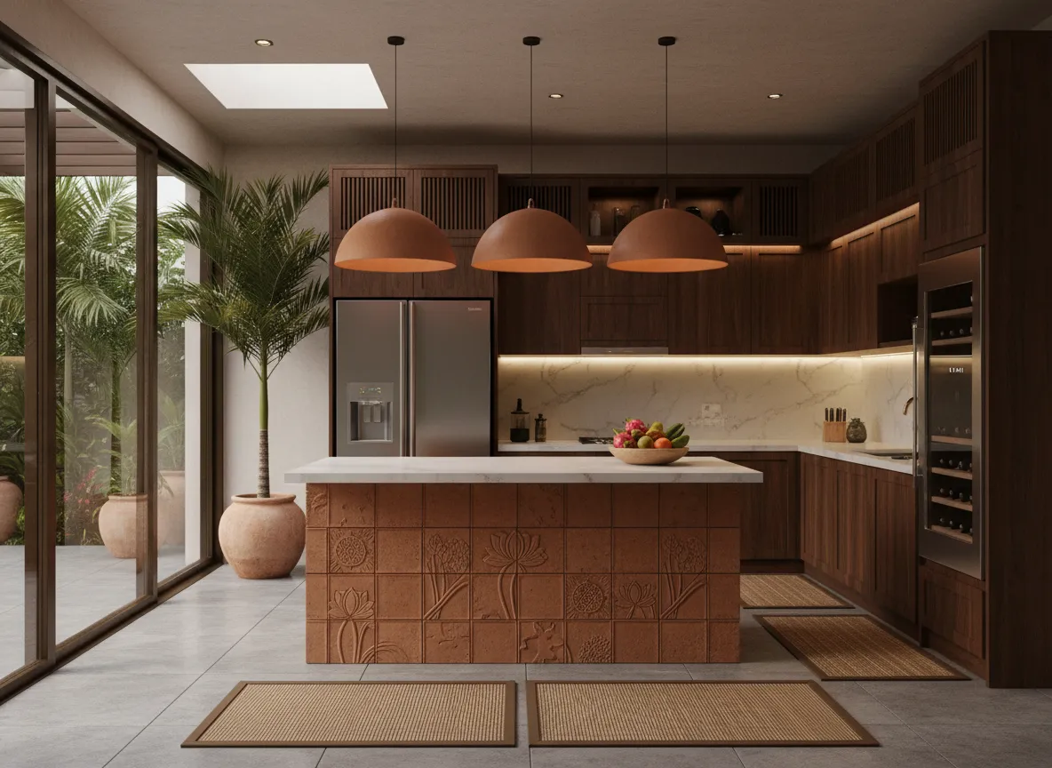 Un rendering di interni di una cucina che fonde elementi di Terracotta Vietnamita con mobili e illuminazione dal design moderno tropicale ed elegante.