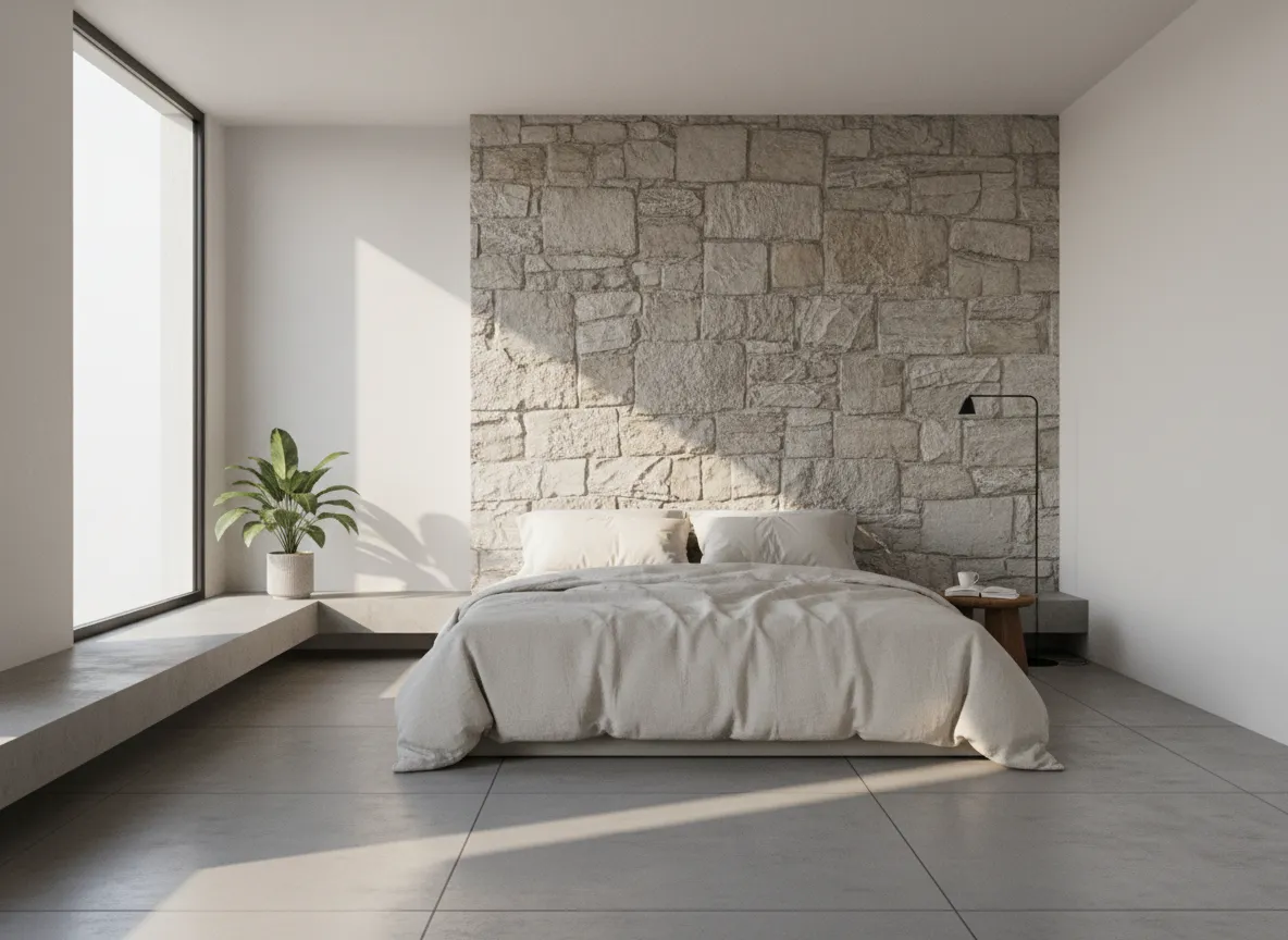 Ein Innenraum-Rendering eines minimalistischen Schlafzimmers, in dem Morgenlicht durch ein Fenster fällt und die Textur einer Leinen-Tagesdecke und einer Akzentwand aus Stein hervorhebt.