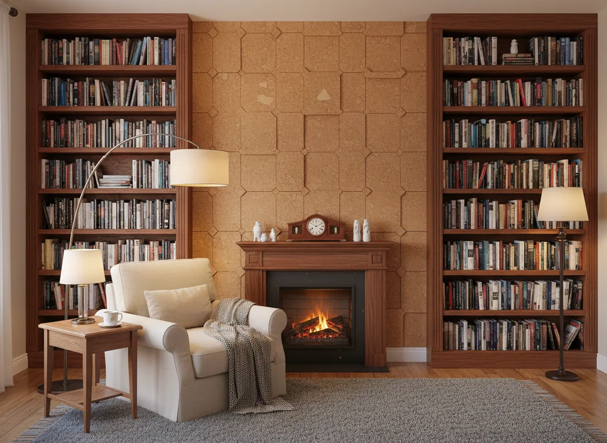 एक शांत, आरामदायक होम लाइब्रेरी की AI-जनित छवि, जिसमें एक दीवार अकॉस्टिक कॉर्क वॉल पैनल्स से ढकी हुई है, शेल्फ पर किताबें और धीमी रोशनी है।