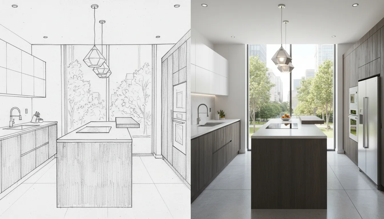 एक स्प्लिट-स्क्रीन दृश्य जिसमें बाईं ओर एक आधुनिक रसोई का पेंसिल स्केच और दाईं ओर उसी रसोई की एक फ़ोटो-यथार्थवादी PromeAI रेंडरिंग दिखाई गई है।