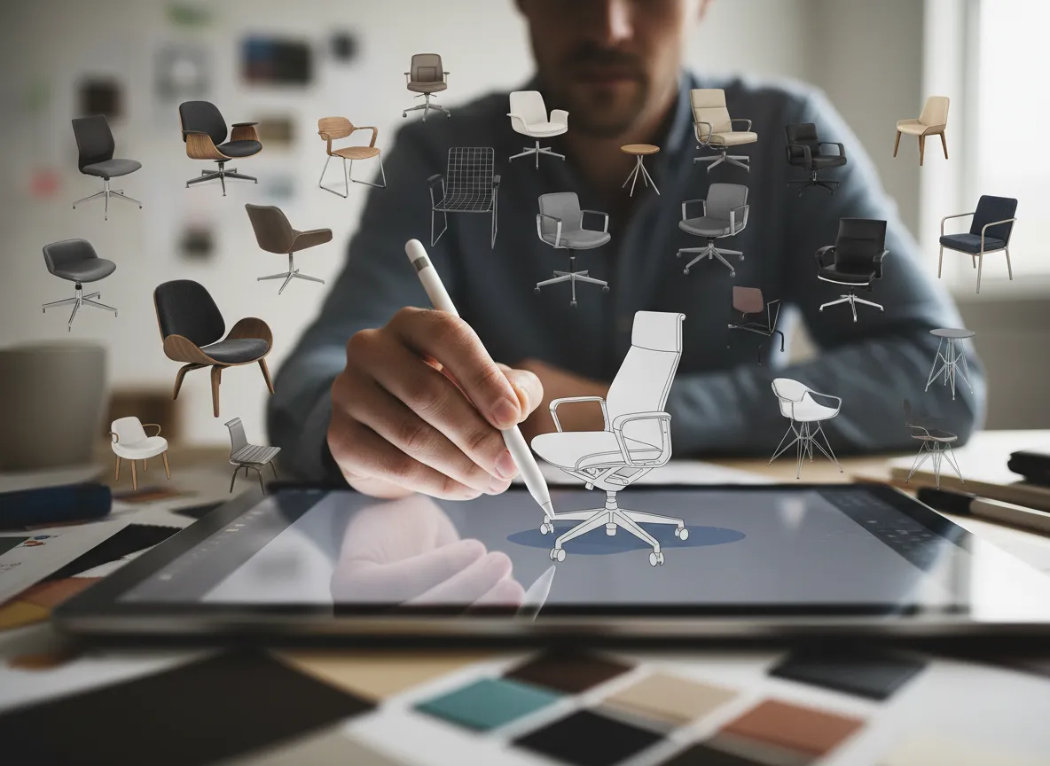 एक डिज़ाइनर का हाथ टैबलेट पेन का उपयोग करके एक कुर्सी बना रहा है, जिसमें स्क्रीन पर तुरंत कई फोटो-यथार्थवादी कुर्सी विविधताएँ दिखाई दे रही हैं।
