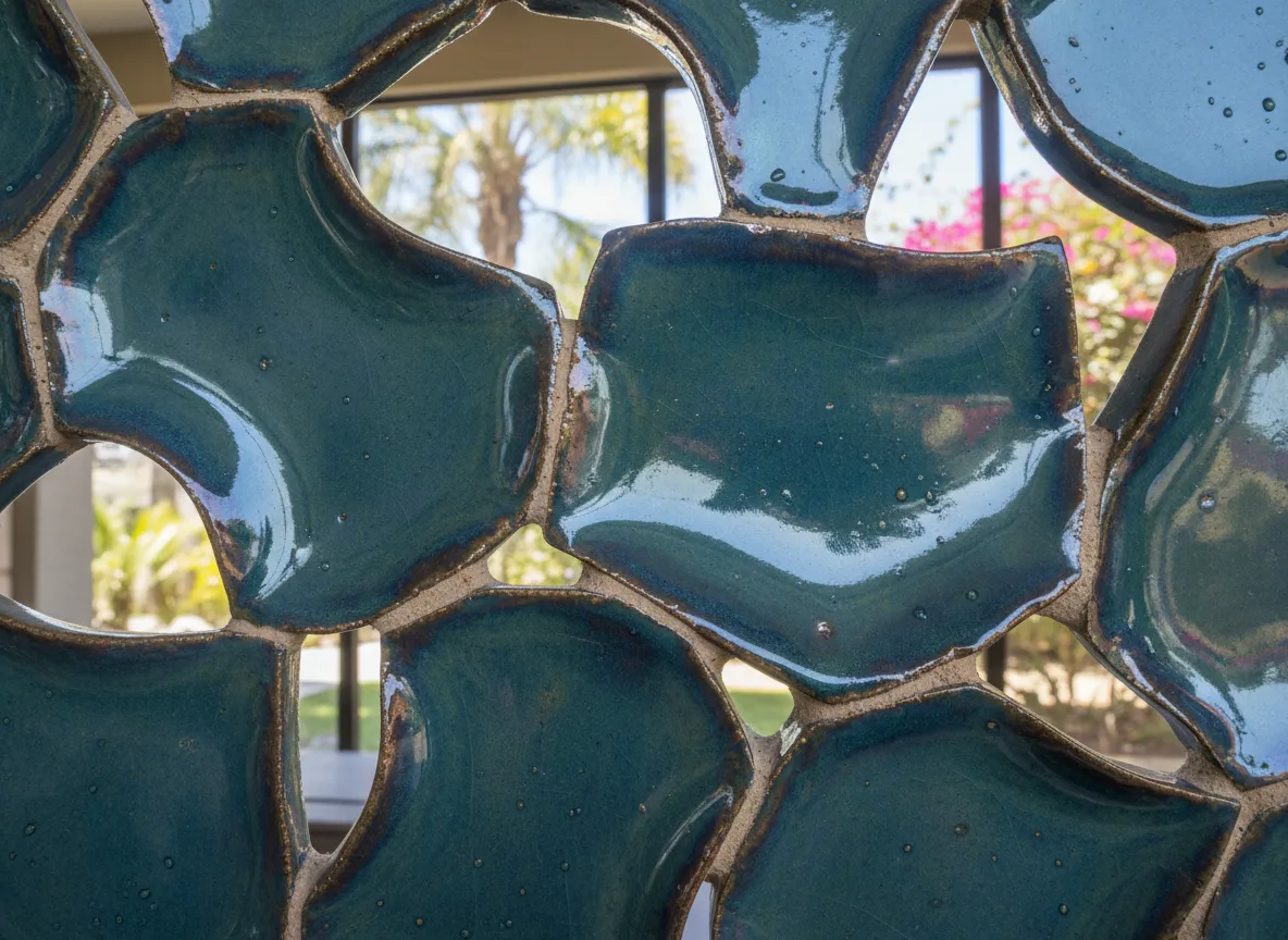 Eine detaillierte Nahaufnahme eines glasierten Keramikfliesen-Abschnitts eines Keramikschleiers, die realistische Reflexionen und Texturen hervorhebt.