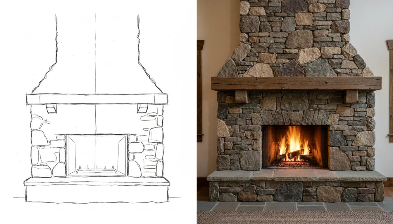 एक विभाजित छवि जिसमें बाईं ओर एक फायरप्लेस का एक साधारण रेखा स्केच और दाईं ओर एक विस्तृत परतदार पत्थर के घेरे के साथ एक तैयार फायरप्लेस की एक फ़ोटो-यथार्थवादी AI रेंडरिंग दिखाई गई है।