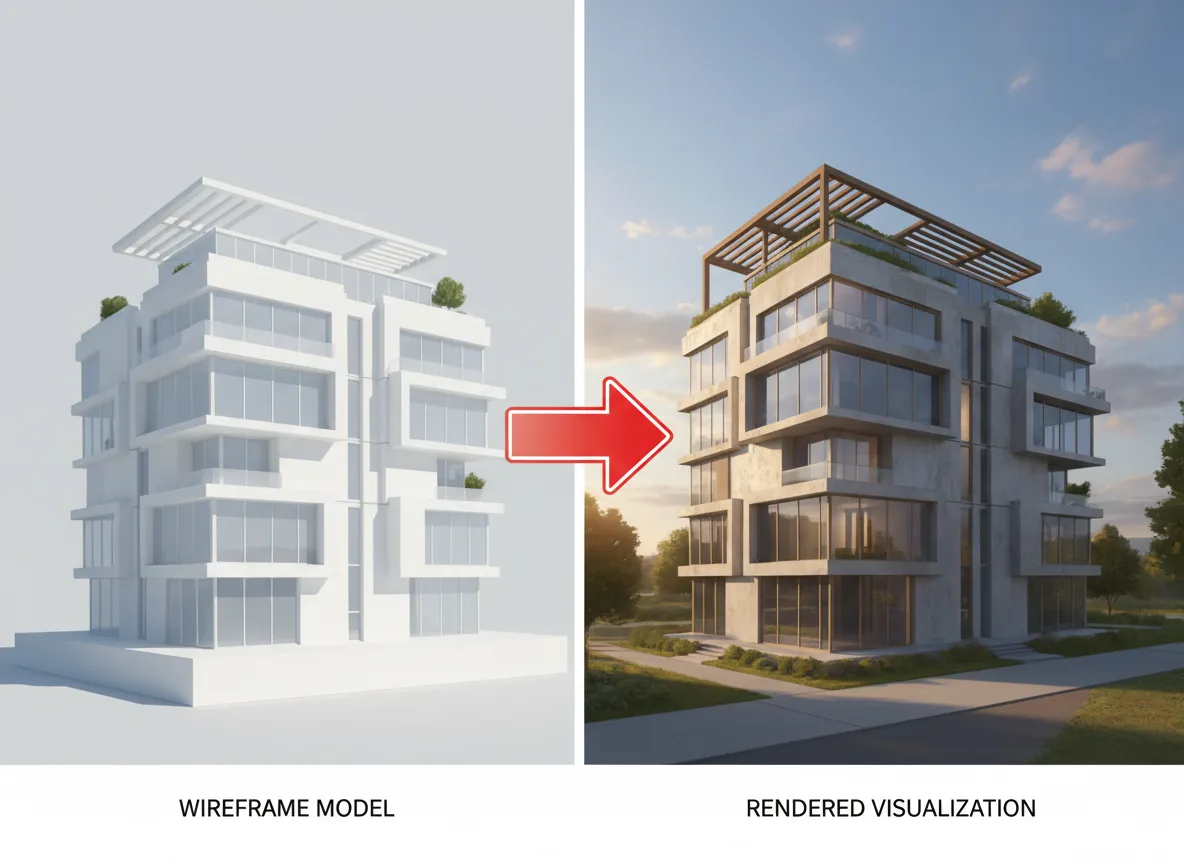 एक एनिमेशन-शैली की छवि जिसमें बाईं ओर एक इमारत का सादा सफेद 3D मॉडल, एक तीर, और दाईं ओर पूरी तरह से टेक्सचर्ड और रेंडर किया गया वास्तुशिल्प विज़ुअलाइज़ेशन दिखाया गया है।