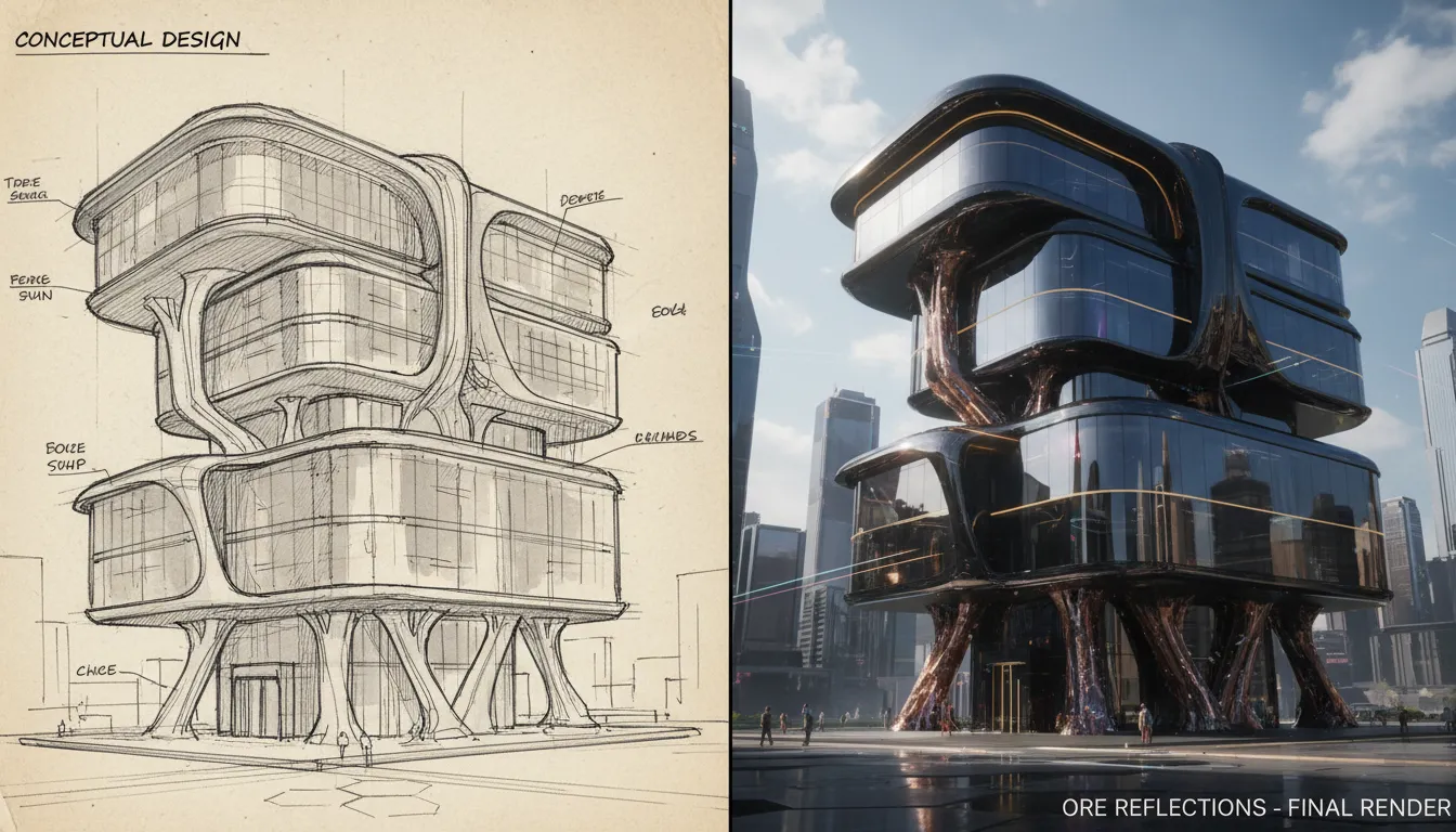 स्प्लिट-स्क्रीन छवि जिसमें बाईं ओर एक हाथ से बना आर्किटेक्चरल स्केच और दाईं ओर PromeAI के ओर रिफ्लेक्शन्स का उपयोग करके बनाई गई एक हाइपर-रियलिस्टिक AI-जनरेटेड इमारत दिखाई गई है।