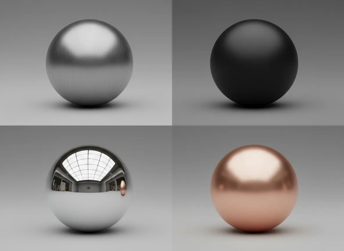 PromeAI द्वारा रेंडर किए गए चार अलग-अलग धातु के गोलों का एक ग्रिड, जो ब्रश्ड स्टील, पॉलिश्ड क्रोम, मैट ब्लैक और रोज़ गोल्ड फिनिश दिखाता है।