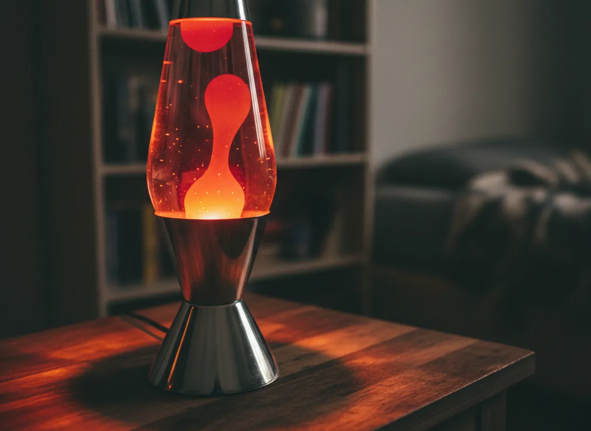 लावा लाइट का एक क्लोज-अप, अत्यधिक विस्तृत रेंडरिंग, जो इसकी यथार्थवादी कांच की बनावट और आस-पास की सतह पर पड़ने वाली नरम, गतिशील चमक को प्रदर्शित करता है।