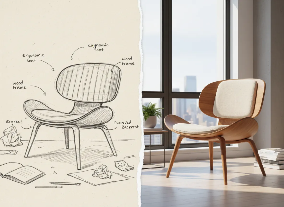 एक कोलाज जिसमें बाईं ओर एक हाथ से बनाया गया कुर्सी का स्केच और दाईं ओर AI द्वारा बनाई गई एक फ़ोटो-यथार्थवादी कुर्सी दिखाई गई है।