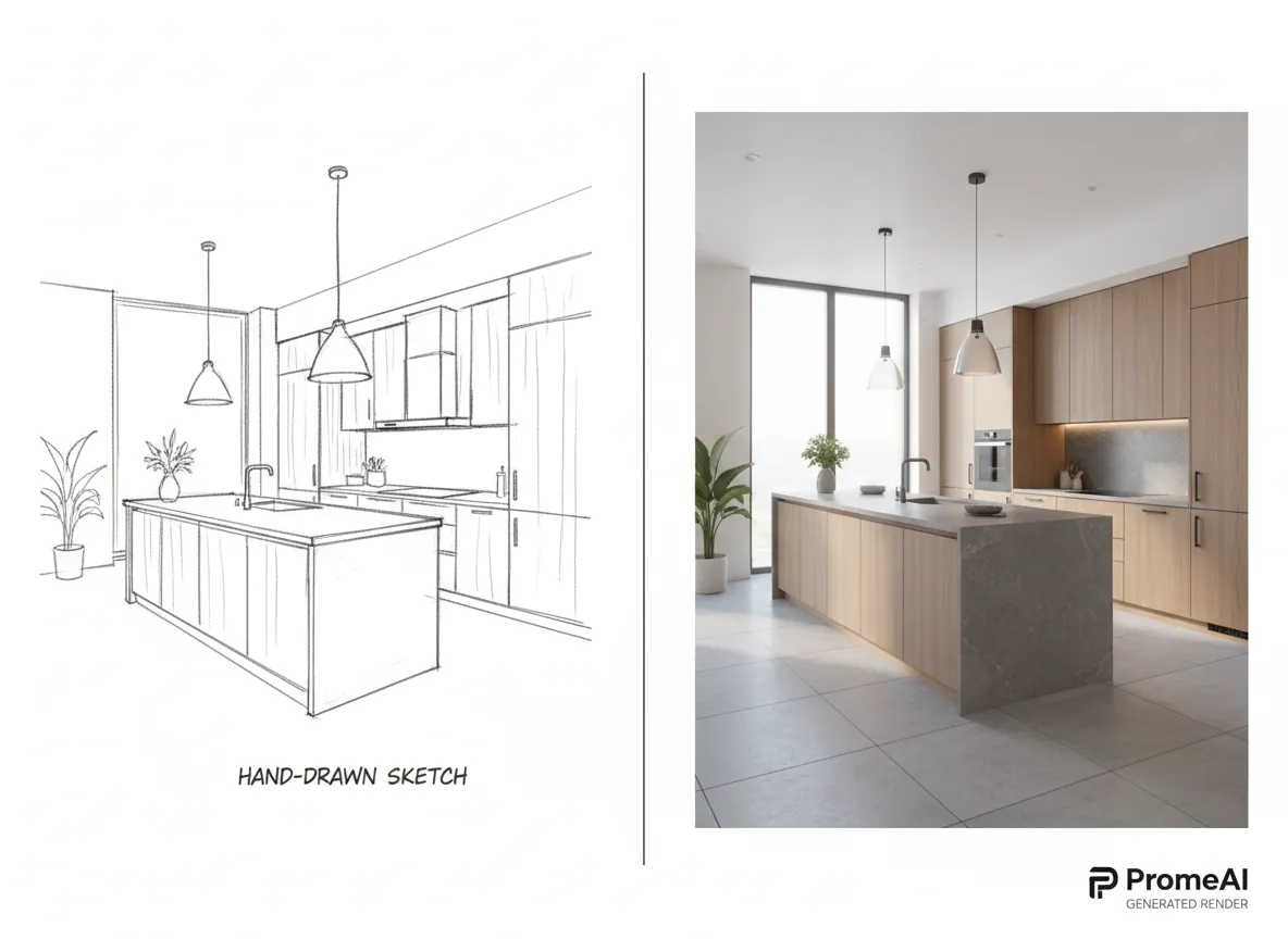 हाथ से बने किचन स्केच की तुलना उसी किचन के PromeAI द्वारा बनाए गए रेंडर से, जिसमें नॉर्डिक ग्रे स्टोन काउंटरटॉप है।