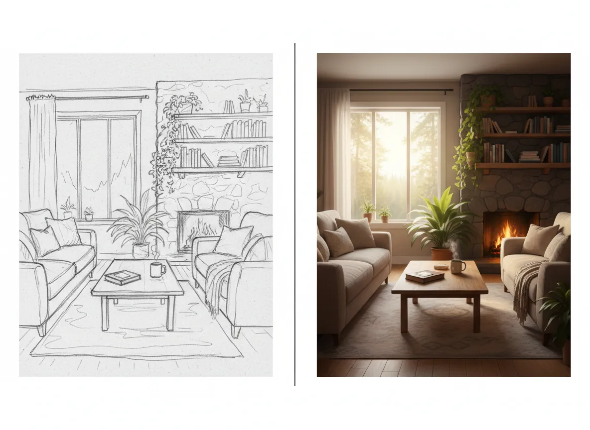 एक कमरे के हाथ से बने साधारण स्केच और उसी कमरे के पूरी तरह से रेंडर किए गए, फ़ोटोरियलिस्टिक संस्करण को दिखाते हुए अगल-बगल की तुलना।