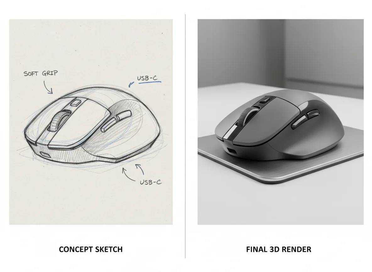 एक साधारण उत्पाद स्केच और एक अत्यधिक विस्तृत, फ़ोटो-यथार्थवादी 3D उत्पाद रेंडर की साथ-साथ तुलना।