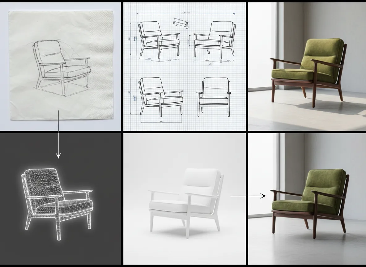 विविध इनपुट दिखाने वाला एक ग्रिड: एक नैपकिन स्केच, एक CAD ड्राइंग, एक कुर्सी की फ़ोटो, और एक 3D व्हाइट मॉडल, ये सभी यथार्थवादी रेंडरिंग की ओर ले जाते हैं।