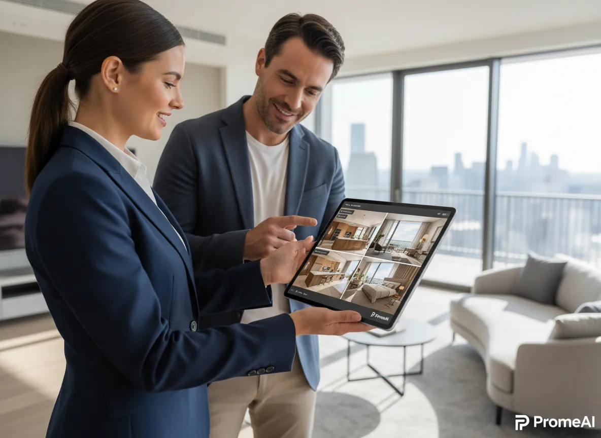 Ein Bild eines Immobilienmaklers, der einem Kunden ein Tablet mit beeindruckenden PromeAI-Renderings des Innenraums einer Immobilie zeigt.