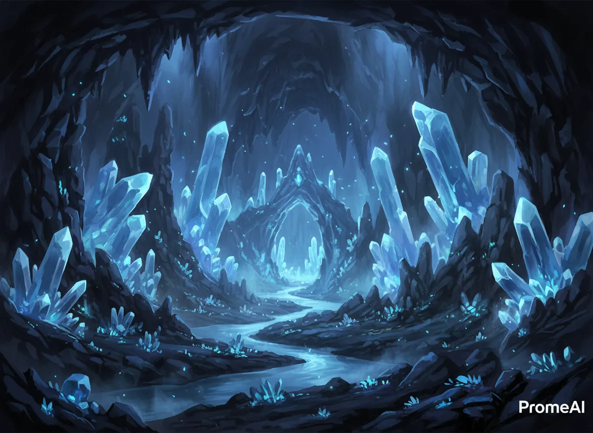 Umfangreiche Konzeptkunst einer mysteriösen leuchtenden Höhle als Fantasy-Umgebung, mit großen Kristallen, die ein sanftes blaues Licht ausstrahlen, erstellt mit dem Ore Glow-Stil von PromeAI.